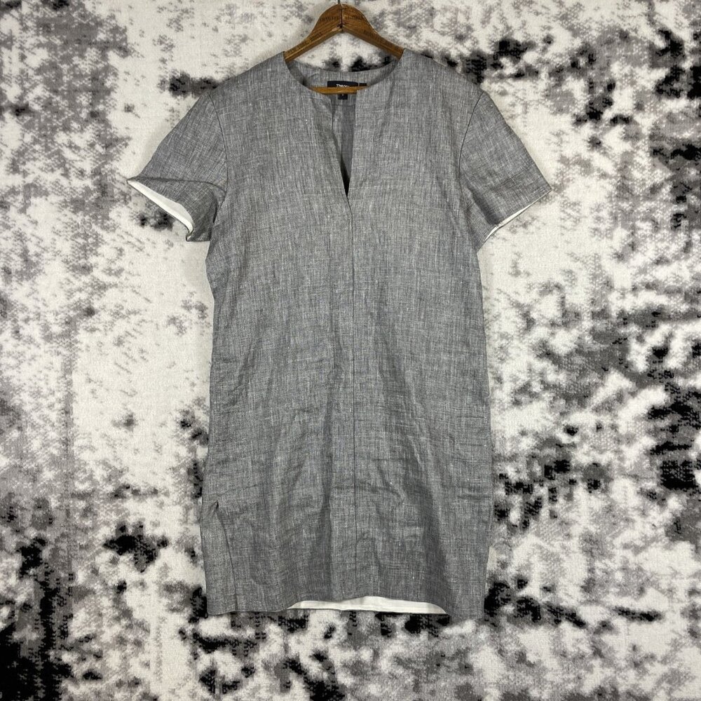 Theory Sharkskin Shift Dress Womens Size Small Gray Linen Blend Mini Crunch‎
